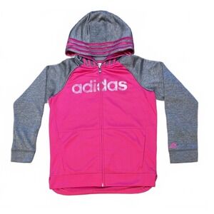 Adidas Girls Full Zip Hoodie Jacket Pink Gray Athleisure Size M (10/12)